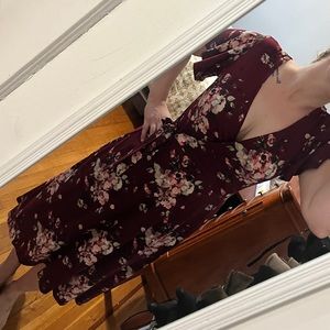 Midi length, short sleeve dark red floral wrap dress